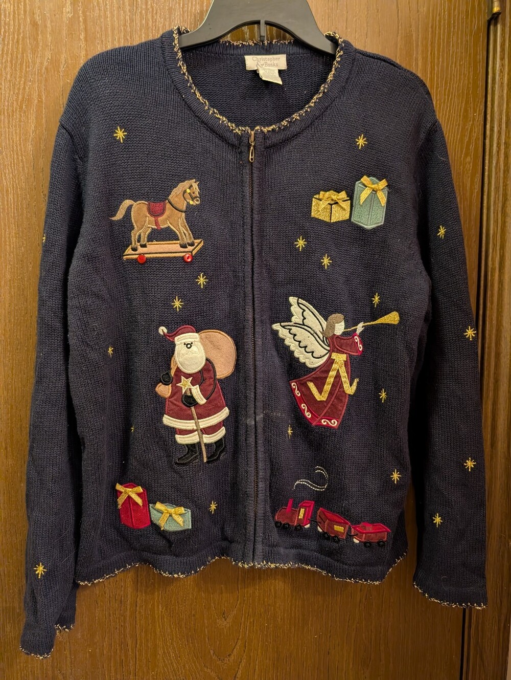 Vtg Christopher & Banks Blue Zip Cardigan Cotton Blend Sweater Holiday L